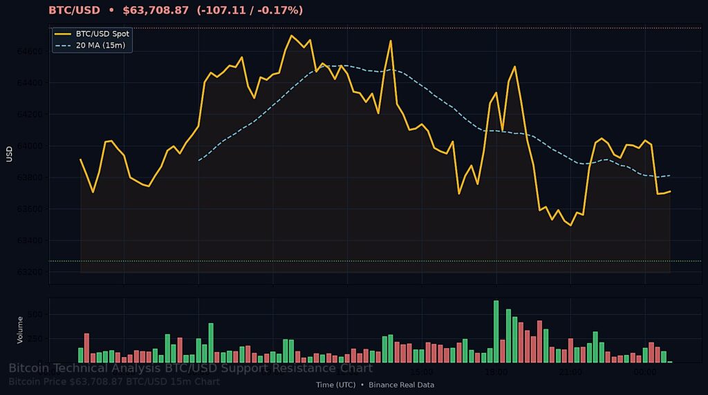 BTC/USD $63,708.87 — Support $63,267.34 Resistance $64,744.81 15m chart
