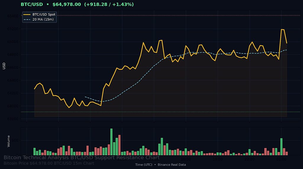 BTC/USD $64,978.00 — Support $63,907.85 Resistance $65,409.56 15m chart