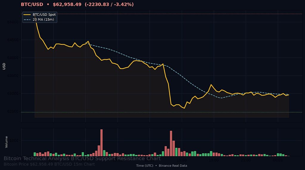 BTC/USD 2026-08-01 — Body Chart $62,958.49Support $62,466.00 Resistance $65,225.74 15m chart