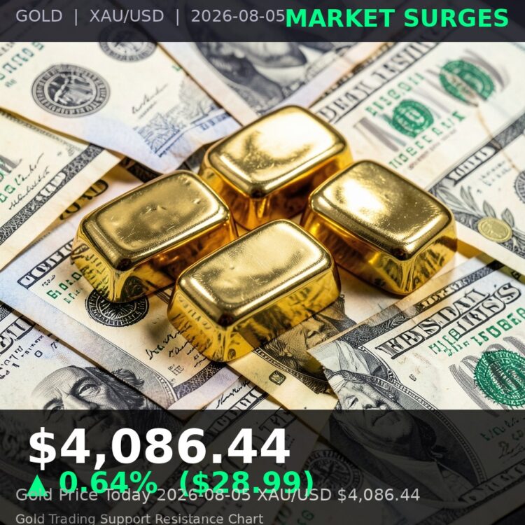 Gold Price Today 2026-08-05 - XAU/USD $4,086.44 - stacked gold bullion bars on dark background
