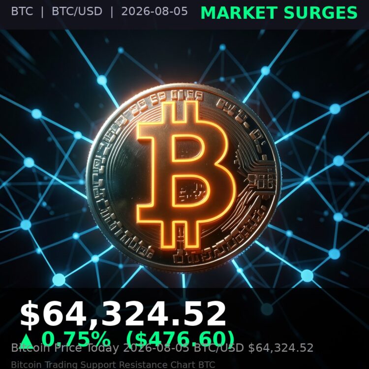 Bitcoin Price Today 2026-08-05 - BTC/USD $64,324.52 - glowing bitcoin coin on dark background