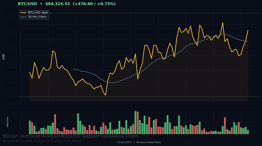 Bitcoin Price Today 2026-08-05 - BTC/USD 15-minute chart with support at $63,451.80 and resistance at $64,549.16