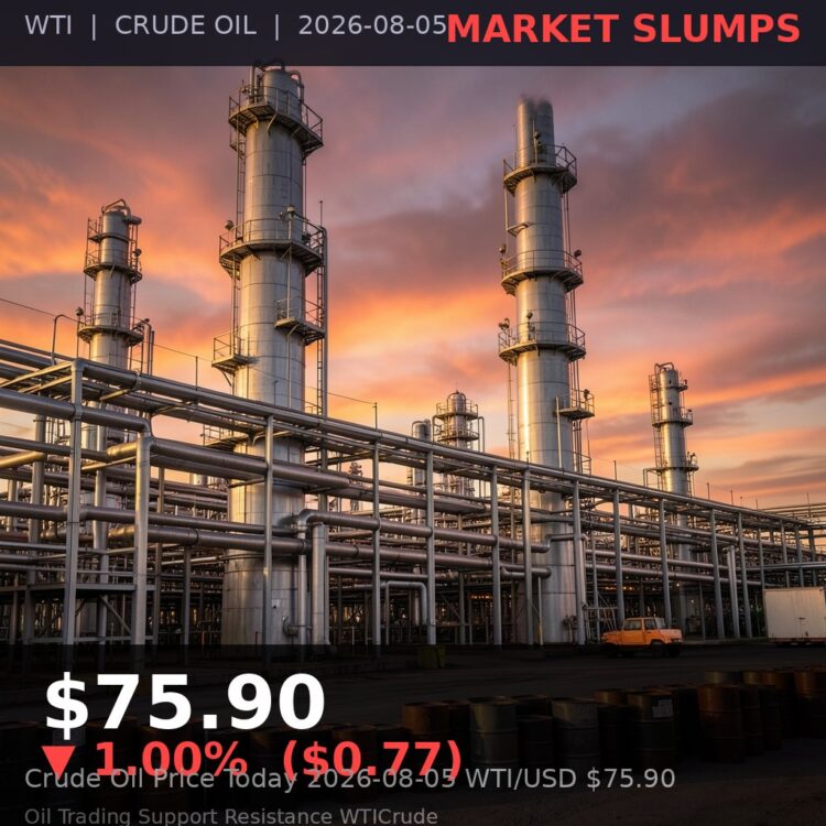 Oil Price Today 2026-08-05 - WTI/USD $75.90 - crude oil drilling rig at sunset