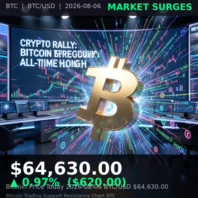 Bitcoin Price Today 2026-08-06 - BTC/USD $64,630.00 - glowing bitcoin coin on dark background