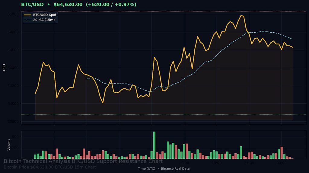 Bitcoin Price Today 2026-08-06 - BTC/USD 15-minute chart with support at $63,880.00 and resistance at $65,025.22