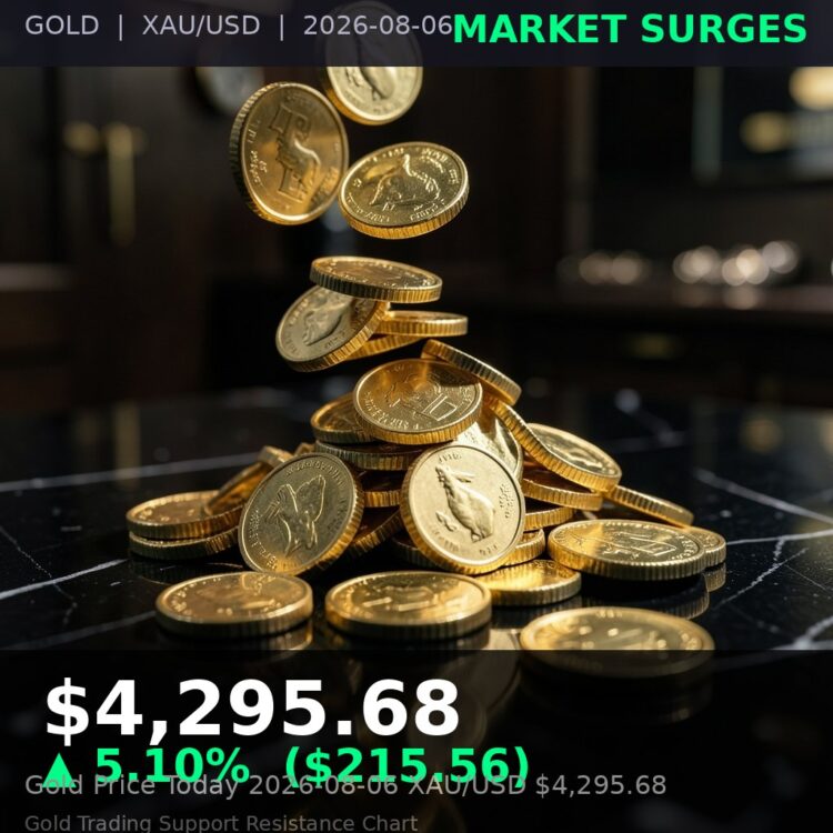 Gold Price Today 2026-08-06 - XAU/USD $4,295.68 - stacked gold bullion bars on dark background