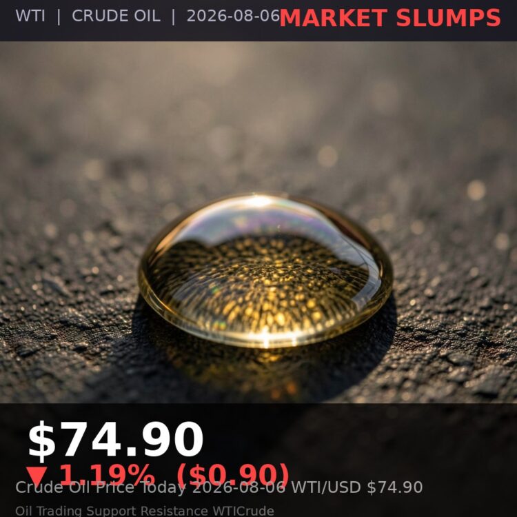 Oil Price Today 2026-08-06 - WTI/USD $74.90 - crude oil drilling rig at sunset