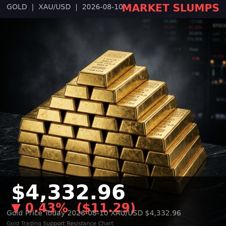 Gold Price Today 2026-08-10 - XAU/USD $4,332.96 - stacked gold bullion bars on dark background