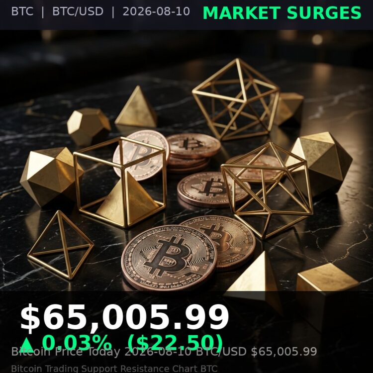 Bitcoin Price Today 2026-08-10 - BTC/USD $65,005.99 - glowing bitcoin coin on dark background