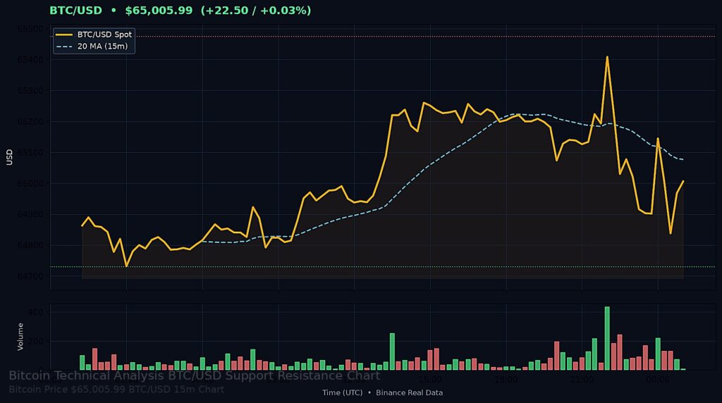 Bitcoin Price Today 2026-08-10 - BTC/USD 15-minute chart with support at $64,730.08 and resistance at $65,474.46