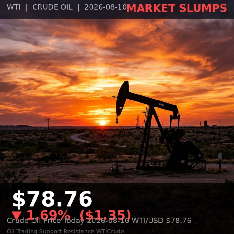Oil Price Today 2026-08-10 - WTI/USD $78.76 - crude oil drilling rig at sunset