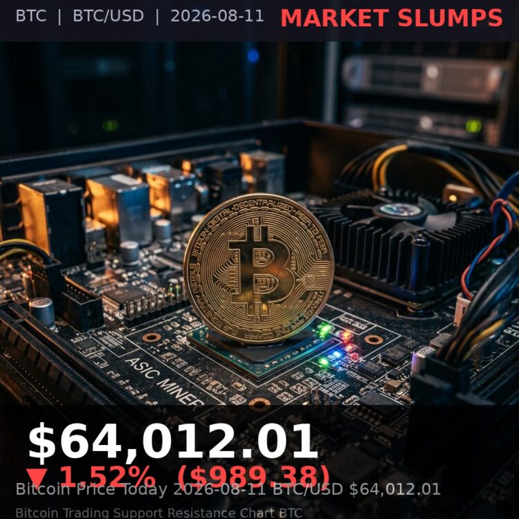 Bitcoin Price Today 2026-08-11 - BTC/USD $64,012.01 - glowing bitcoin coin on dark background