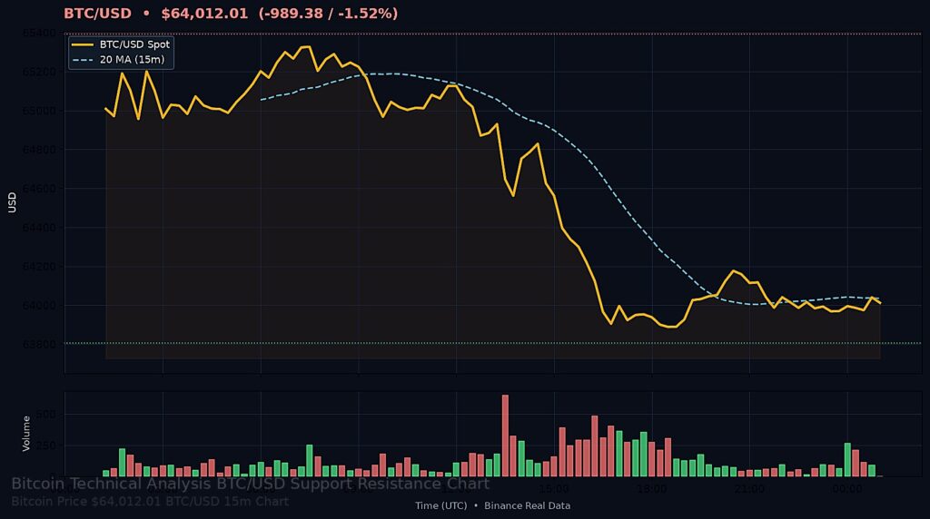 Bitcoin Price Today 2026-08-11 - BTC/USD 15-minute chart with support at $63,806.27 and resistance at $65,391.14
