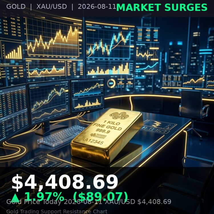 Gold Price Today 2026-08-11 - XAU/USD $4,408.69 - stacked gold bullion bars on dark background