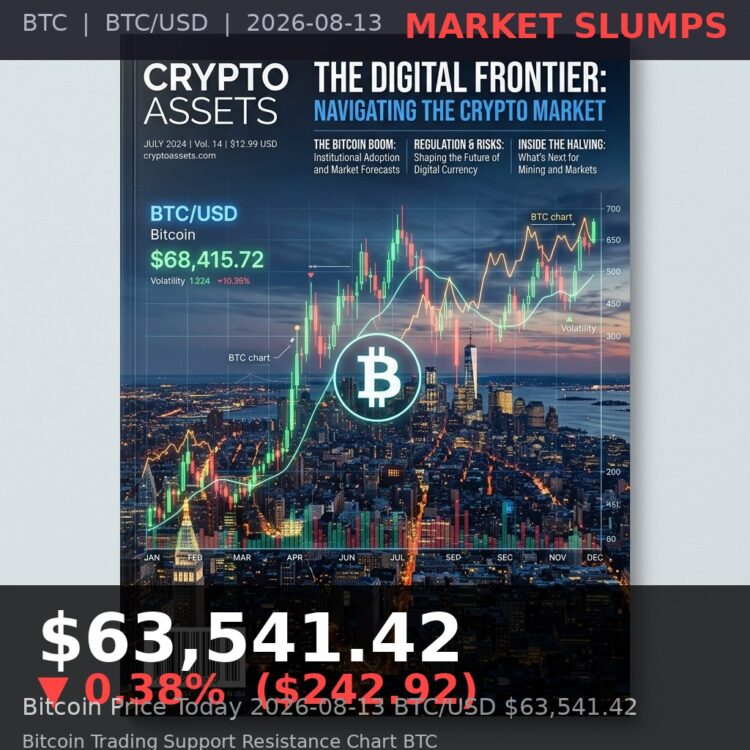 Bitcoin Price Today 2026-08-13 - BTC/USD $63,541.42 - glowing bitcoin coin on dark background