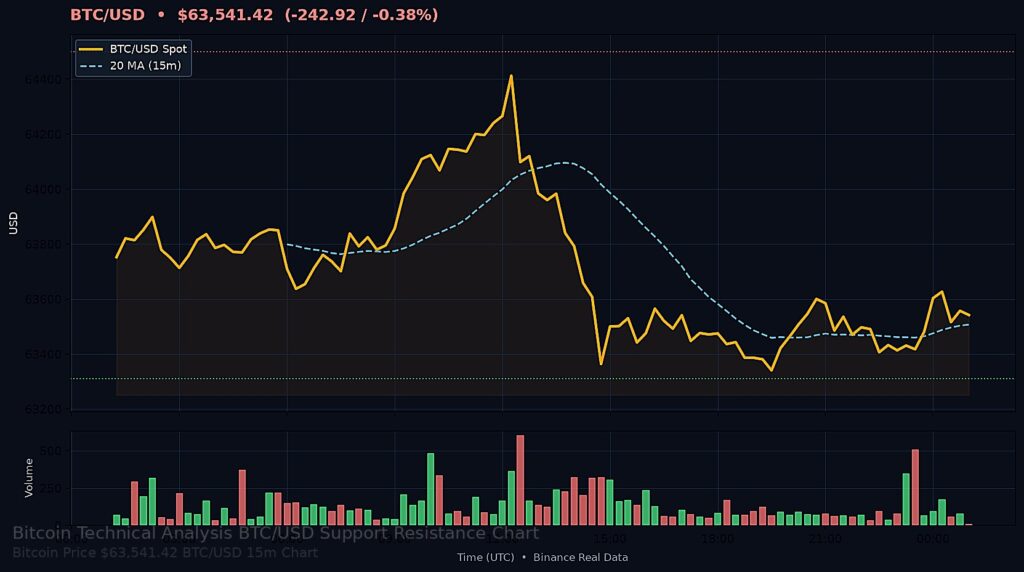 Bitcoin Price Today 2026-08-13 - BTC/USD 15-minute chart with support at $63,310.34 and resistance at $64,500.00