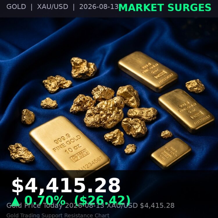 Gold Price Today 2026-08-13 - XAU/USD $4,415.28 - stacked gold bullion bars on dark background