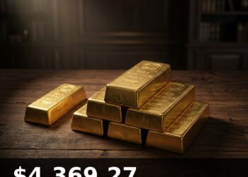 Gold Price Today 2026-08-14 - XAU/USD $4,369.27 - stacked gold bullion bars on dark background