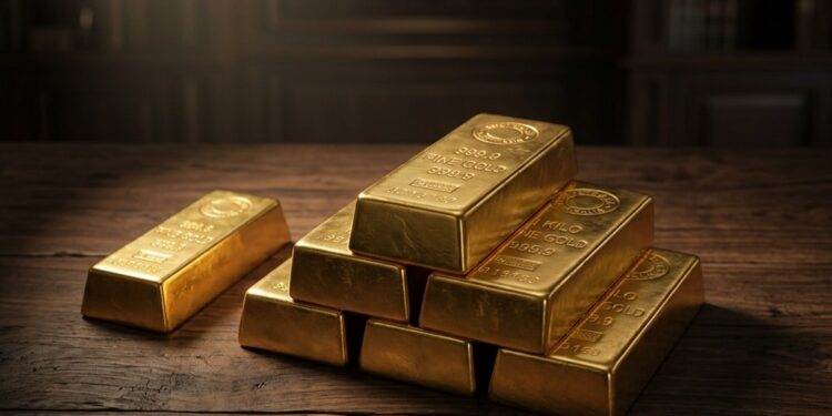 Gold Price Today 2026-08-14 - XAU/USD $4,369.27 - stacked gold bullion bars on dark background