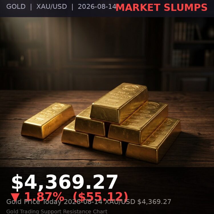 Gold Price Today 2026-08-14 - XAU/USD $4,369.27 - stacked gold bullion bars on dark background