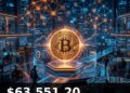 Bitcoin Price Today 2026-08-14 - BTC/USD $63,551.20 - glowing bitcoin coin on dark background