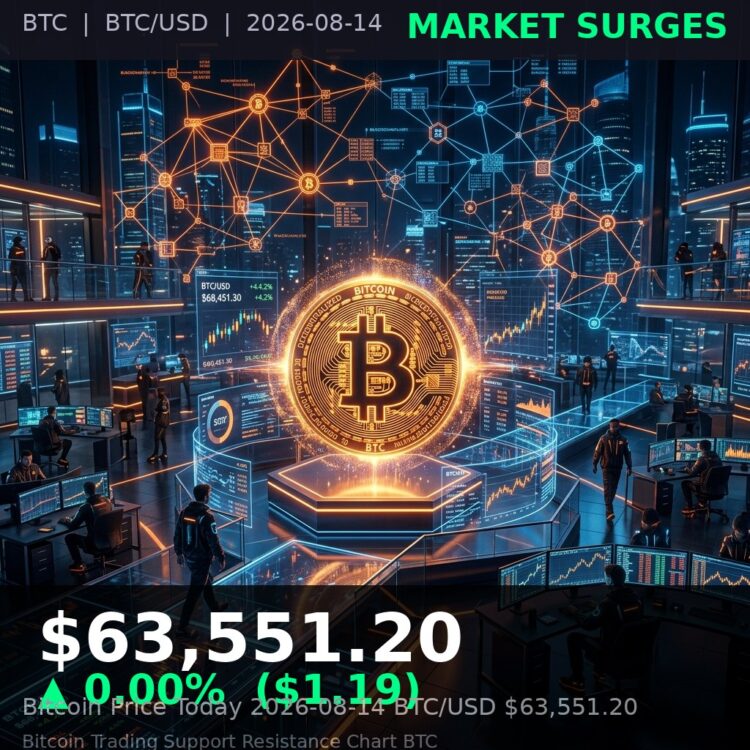 Bitcoin Price Today 2026-08-14 - BTC/USD $63,551.20 - glowing bitcoin coin on dark background