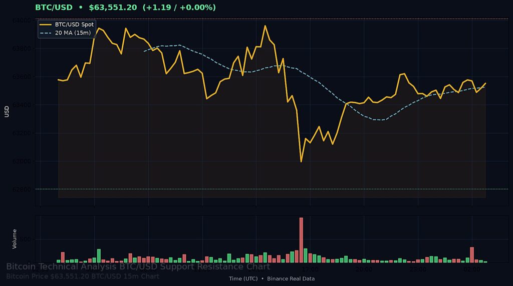 Bitcoin Price Today 2026-08-14 - BTC/USD 15-minute chart with support at $62,802.27 and resistance at $64,010.00