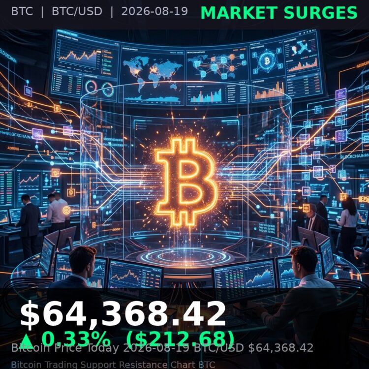 Bitcoin Price Today 2026-08-19 - BTC/USD $64,368.42 - glowing bitcoin coin on dark background