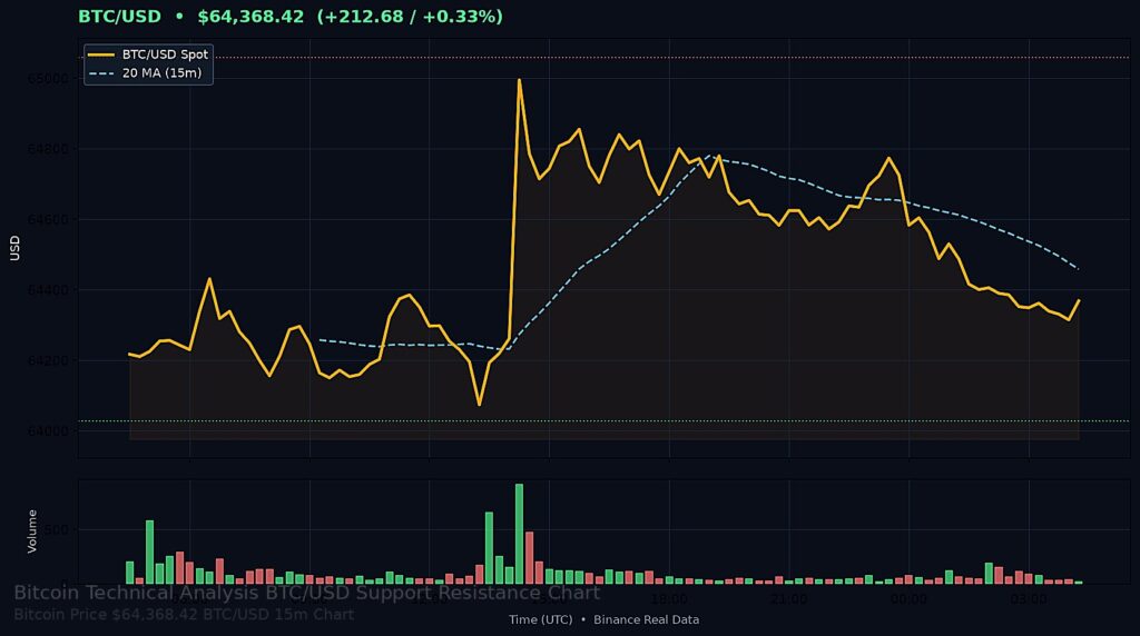Bitcoin Price Today 2026-08-19 - BTC/USD $64,368.42 - glowing bitcoin coin on dark background