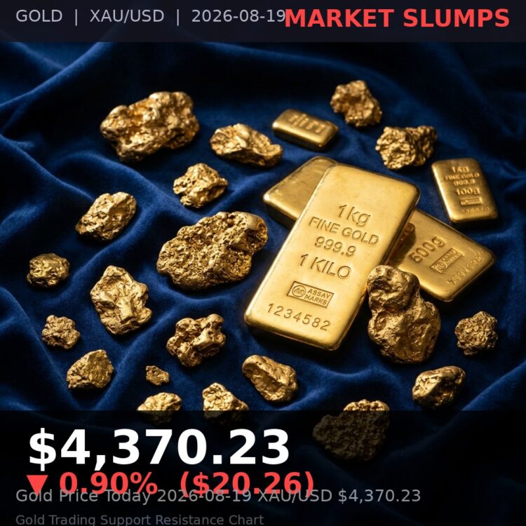 Gold Price Today 2026-08-19 - XAU/USD $4,370.23 - stacked gold bullion bars on dark background
