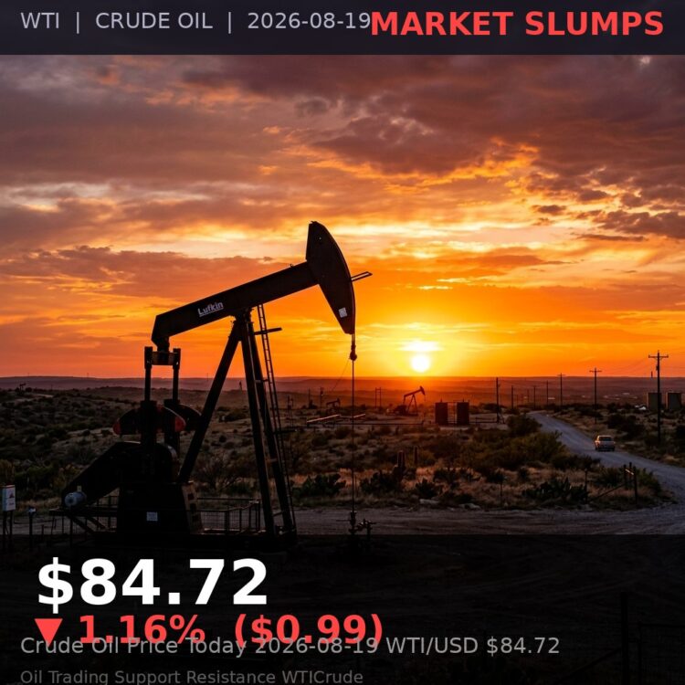 Oil Price Today 2026-08-19 - WTI/USD $84.72 - crude oil drilling rig at sunset