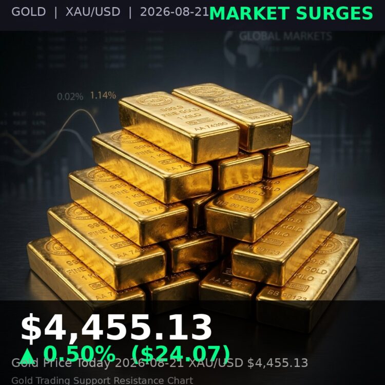 Gold Price Today 2026-08-21 - XAU/USD $4,455.13 - stacked gold bullion bars on dark background