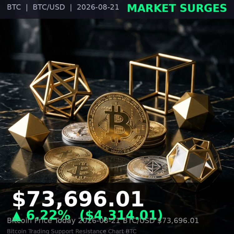 Bitcoin Price Today 2026-08-21 - BTC/USD $73,696.01 - glowing bitcoin coin on dark background