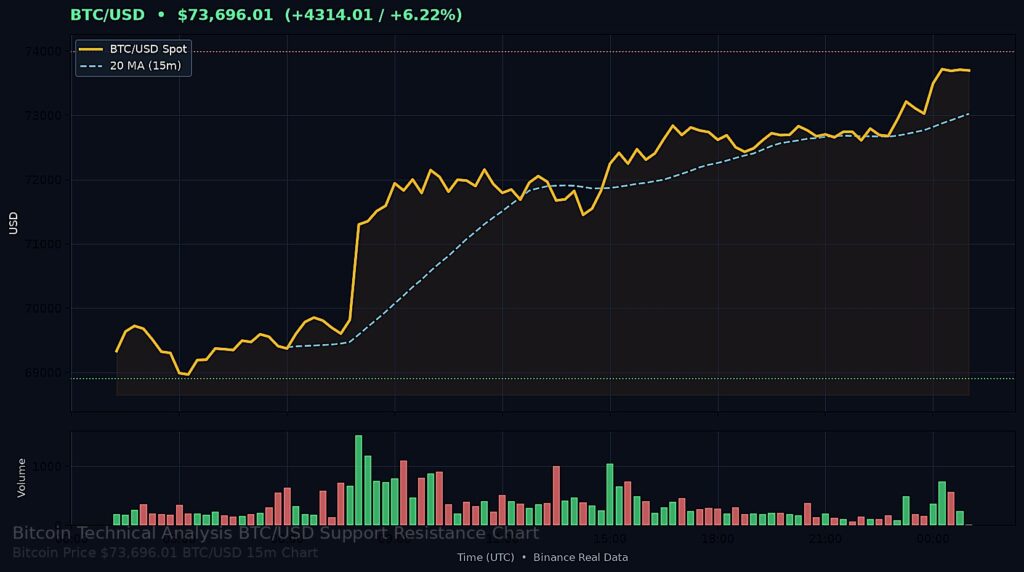 Bitcoin Price Today 2026-08-21 - BTC/USD 15-minute chart with support at $68,902.22 and resistance at $73,990.00