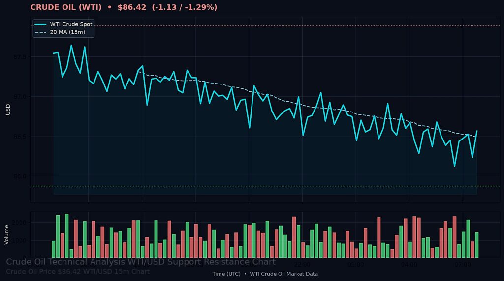 Oil Price Today 2026-08-21 - WTI/USD 15-minute chart with support at $85.88 and resistance at $87.89