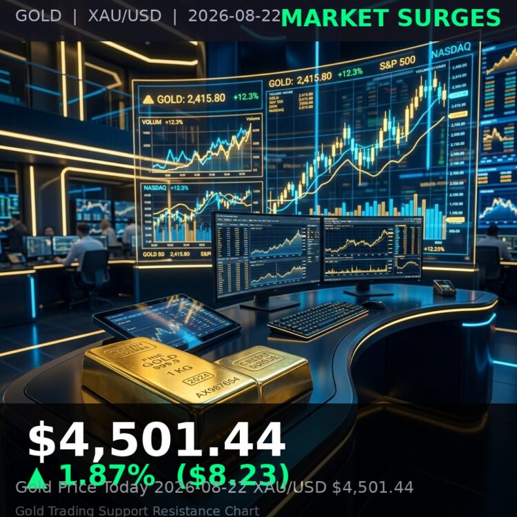 Gold Price Today 2026-08-22 - XAU/USD $4,501.44 - stacked gold bullion bars on dark background