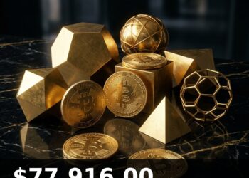 Bitcoin Price Today 2026-08-22 - BTC/USD $77,916.00 - glowing bitcoin coin on dark background
