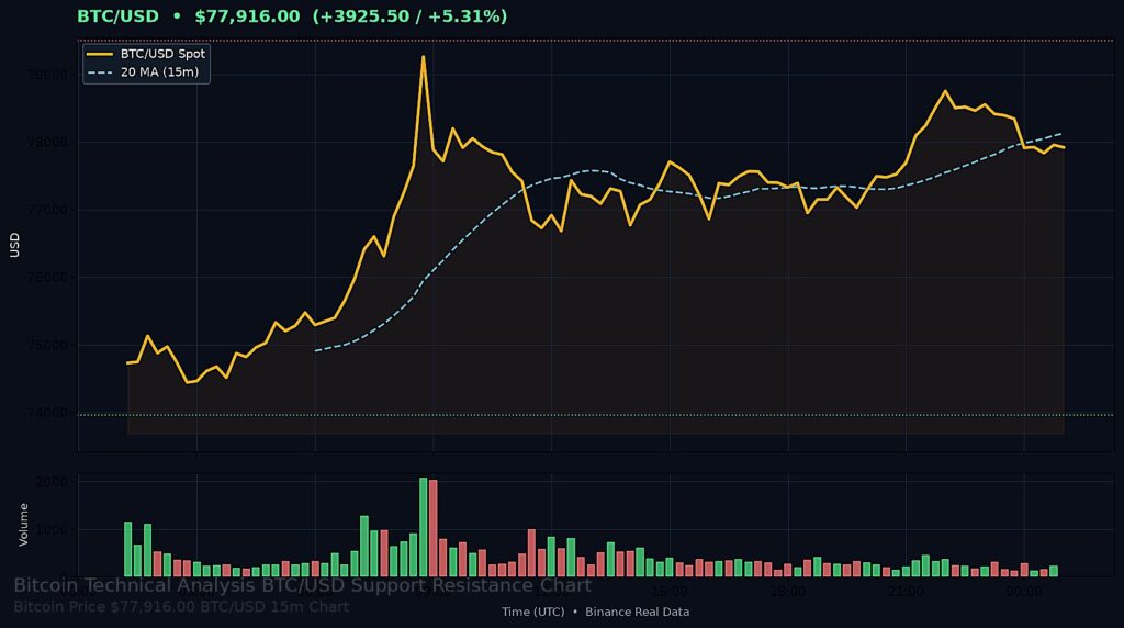 Bitcoin Price Today 2026-08-22 - BTC/USD 15-minute chart with support at $73,960.00 and resistance at $79,500.00