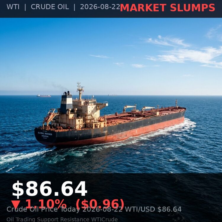 Oil Price Today 2026-08-22 - WTI/USD $86.64 - crude oil drilling rig at sunset