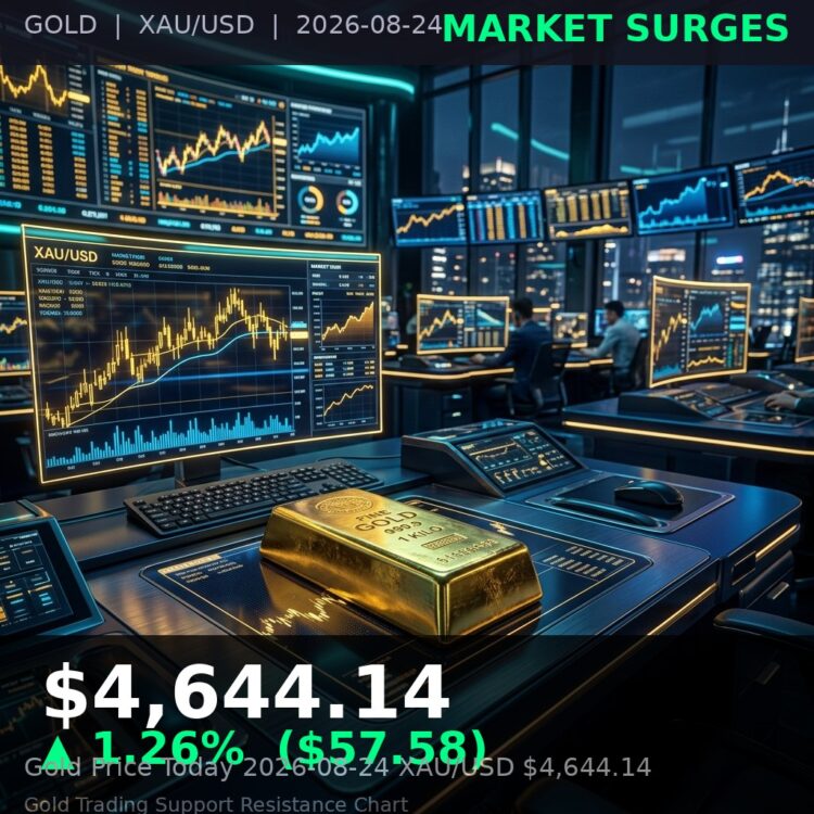 Gold Price Today 2026-08-24 - XAU/USD $4,644.14 - stacked gold bullion bars on dark background