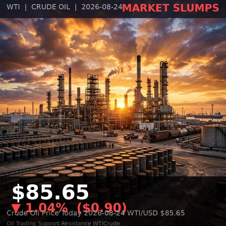 Oil Price Today 2026-08-24 - WTI/USD 15-minute chart with support at $85.20 and resistance at $86.95