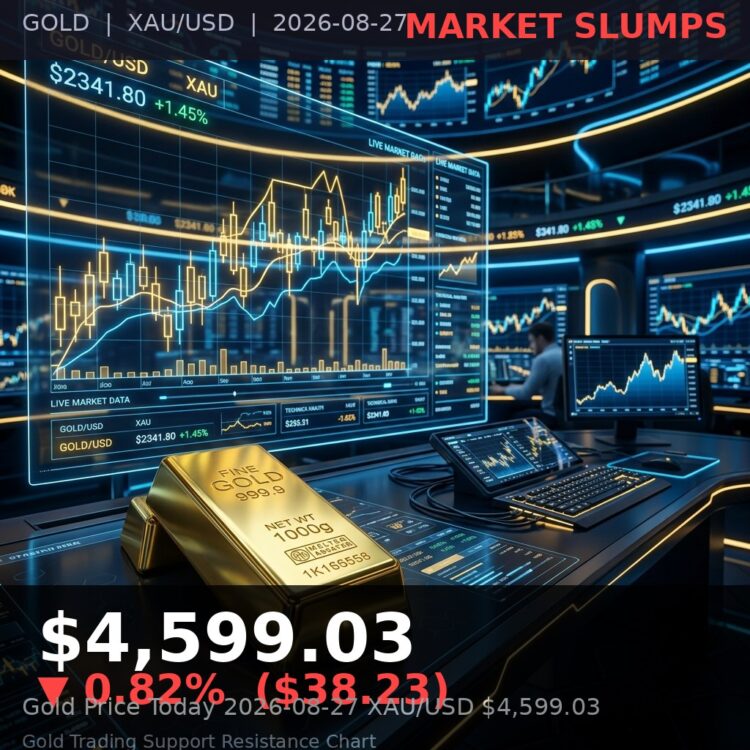 Gold Price Today 2026-08-27 - XAU/USD $4,599.03 - stacked gold bullion bars on dark background