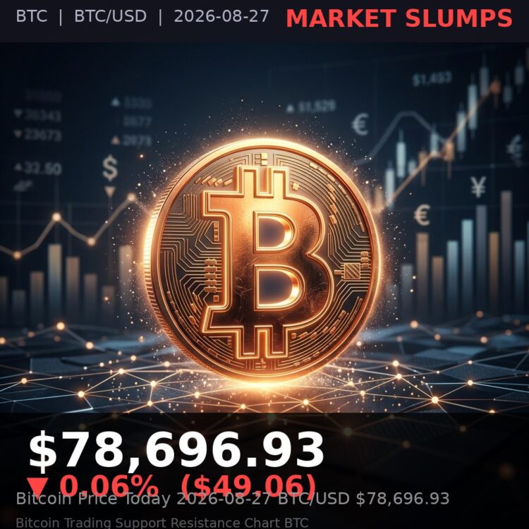 Bitcoin Price Today 2026-08-27 - BTC/USD $78,696.93 - glowing bitcoin coin on dark background