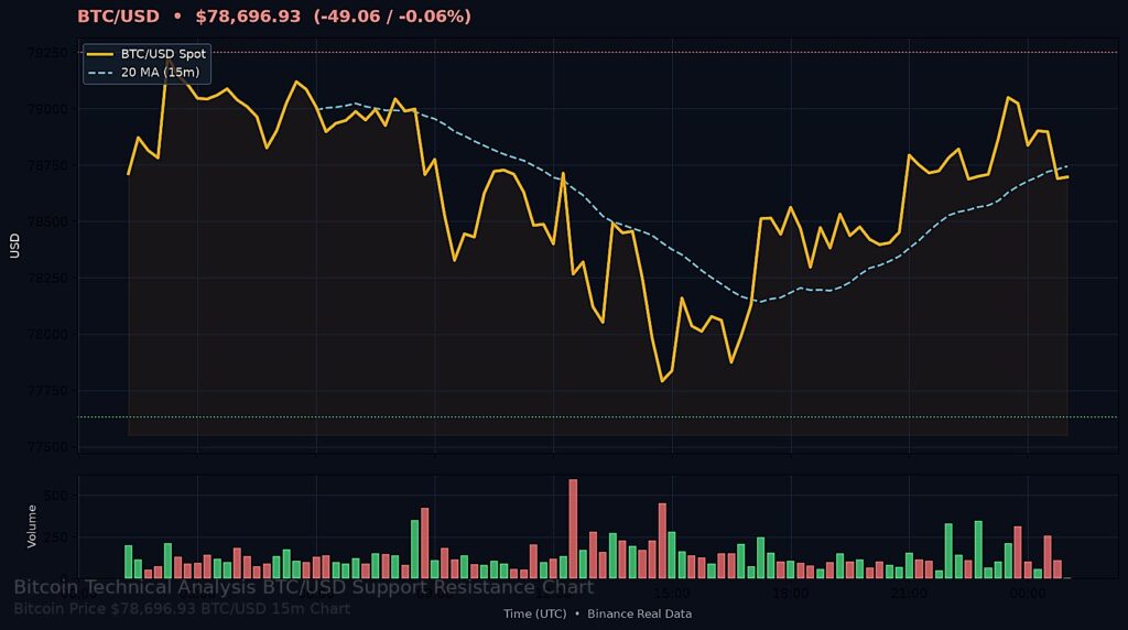 Bitcoin Price Today 2026-08-27 - BTC/USD 15-minute chart with support at $77,632.58 and resistance at $79,251.60