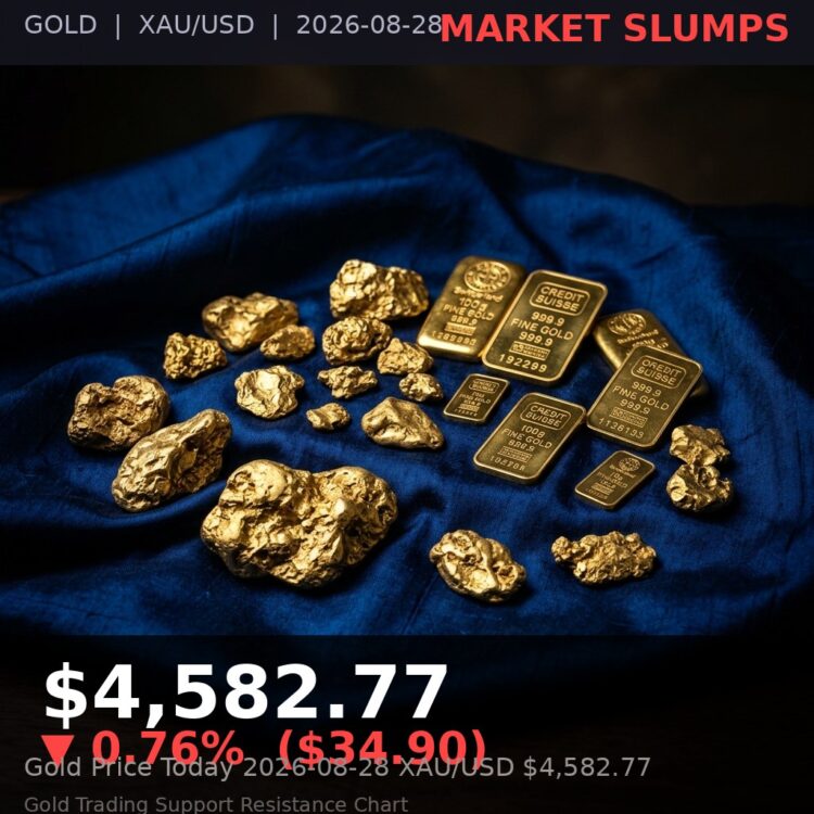 Gold Price Today 2026-08-28 - XAU/USD $4,582.77 - stacked gold bullion bars on dark background