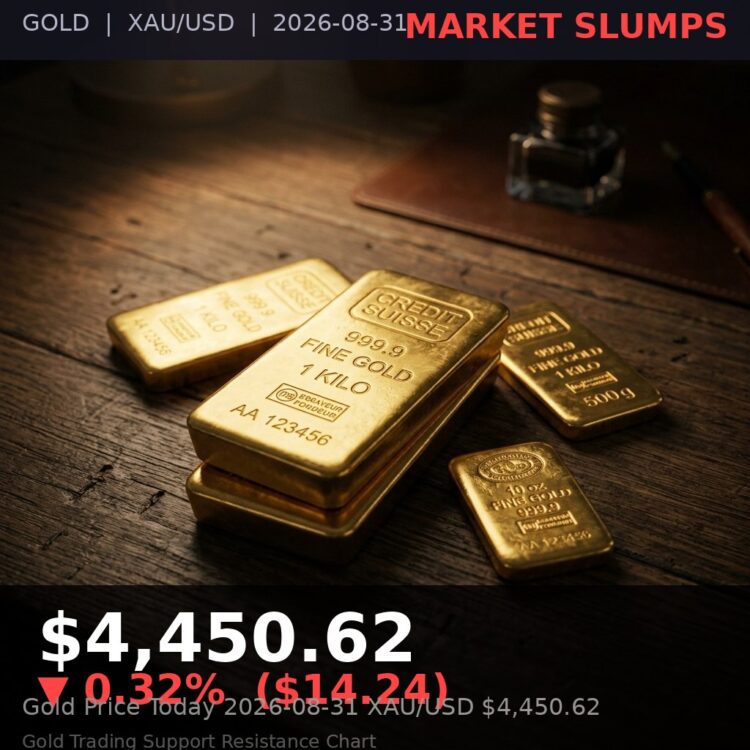 Gold Price Today 2026-08-31 - XAU/USD $4,450.62 - stacked gold bullion bars on dark background