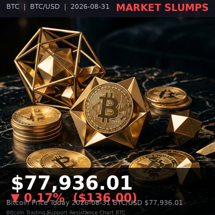 Bitcoin Price Today 2026-08-31 - BTC/USD $77,936.01 - glowing bitcoin coin on dark background