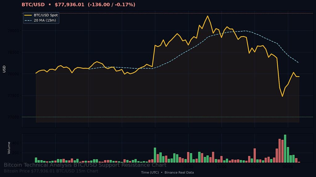 Bitcoin Price Today 2026-08-31 - BTC/USD 15-minute chart with support at $77,000.00 and resistance at $79,400.00