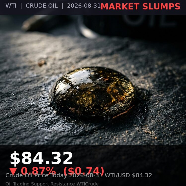 Oil Price Today 2026-08-31 - WTI/USD $84.32 - crude oil drilling rig at sunset