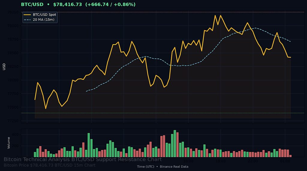 Bitcoin Price Today 2026-09-01 - BTC/USD 15-minute chart with support at $77,392.00 and resistance at $79,250.00